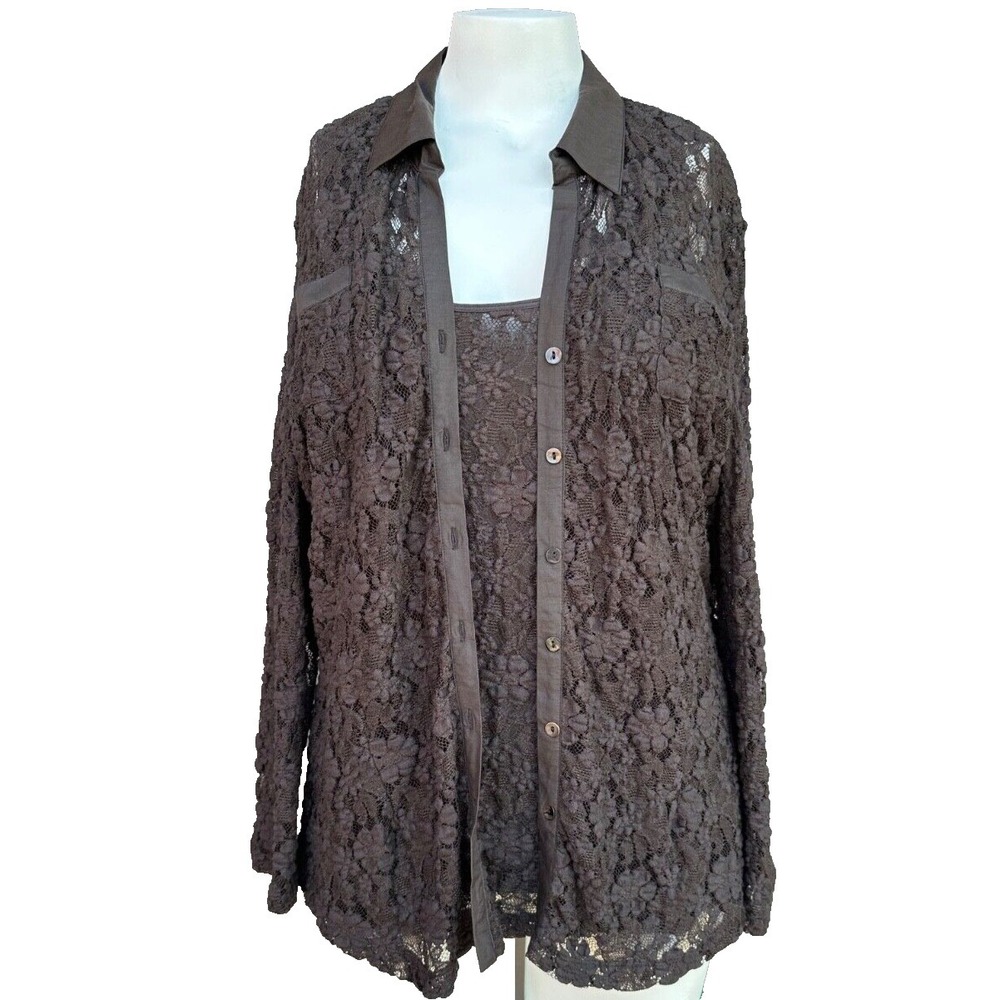 ZoZo 2PC Set L Brown Lace Blouse Lined Tank Button Up Long Sleeve Top Layer Chic